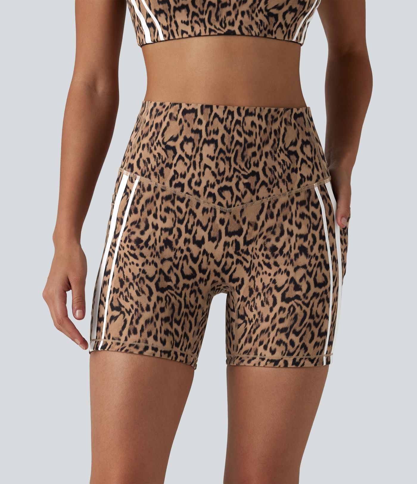 Halara UltraSculpt™ Leopard Print High Waisted Tummy Control Color Block Stripe Training Biker Shorts 5'' with Pockets