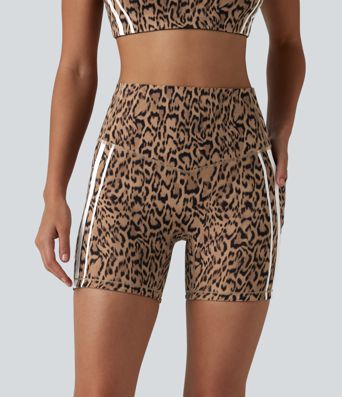 Halara UltraSculpt™ Leopard Print High Waisted Tummy Control Color Block Stripe Training Biker Shorts 5'' with Pockets