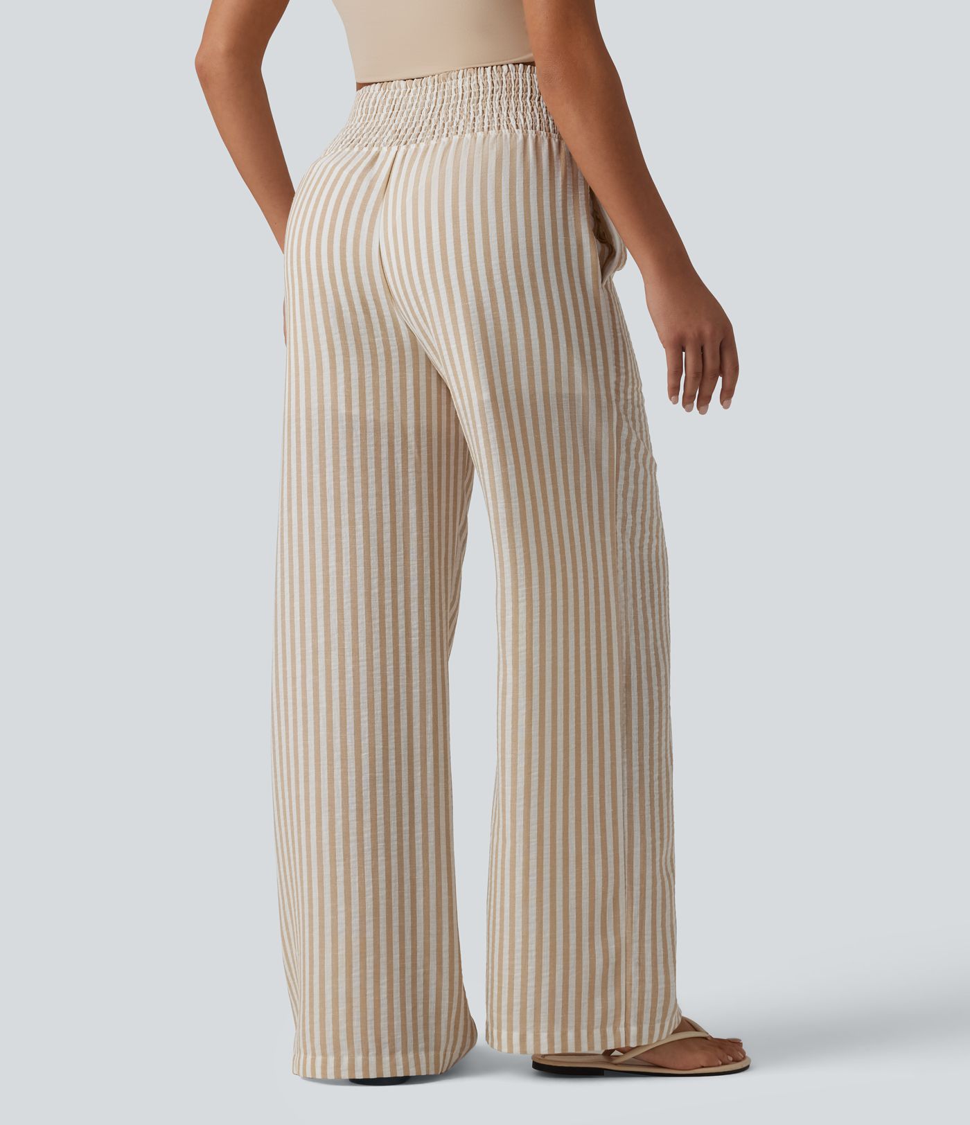 High Waisted Shirred 2-in-1 Straight Leg Stripe Casual Linen-Feel Trousers with Pockets