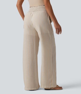 High Waisted Shirred 2-in-1 Straight Leg Stripe Casual Linen-Feel Trousers with Pockets