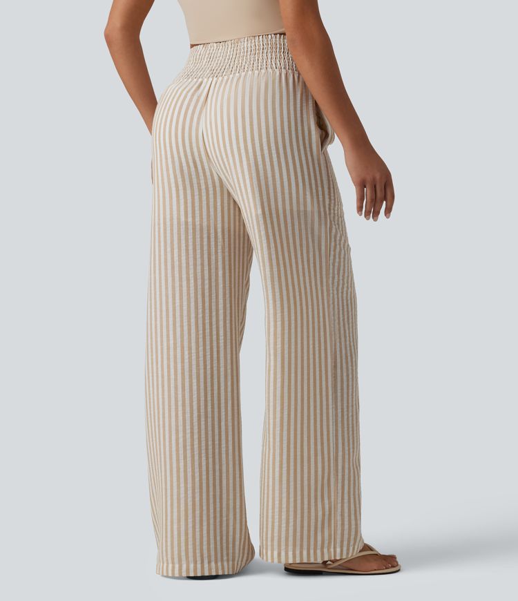 High Waisted Shirred 2-in-1 Straight Leg Stripe Casual Linen-Feel Trousers with Pockets