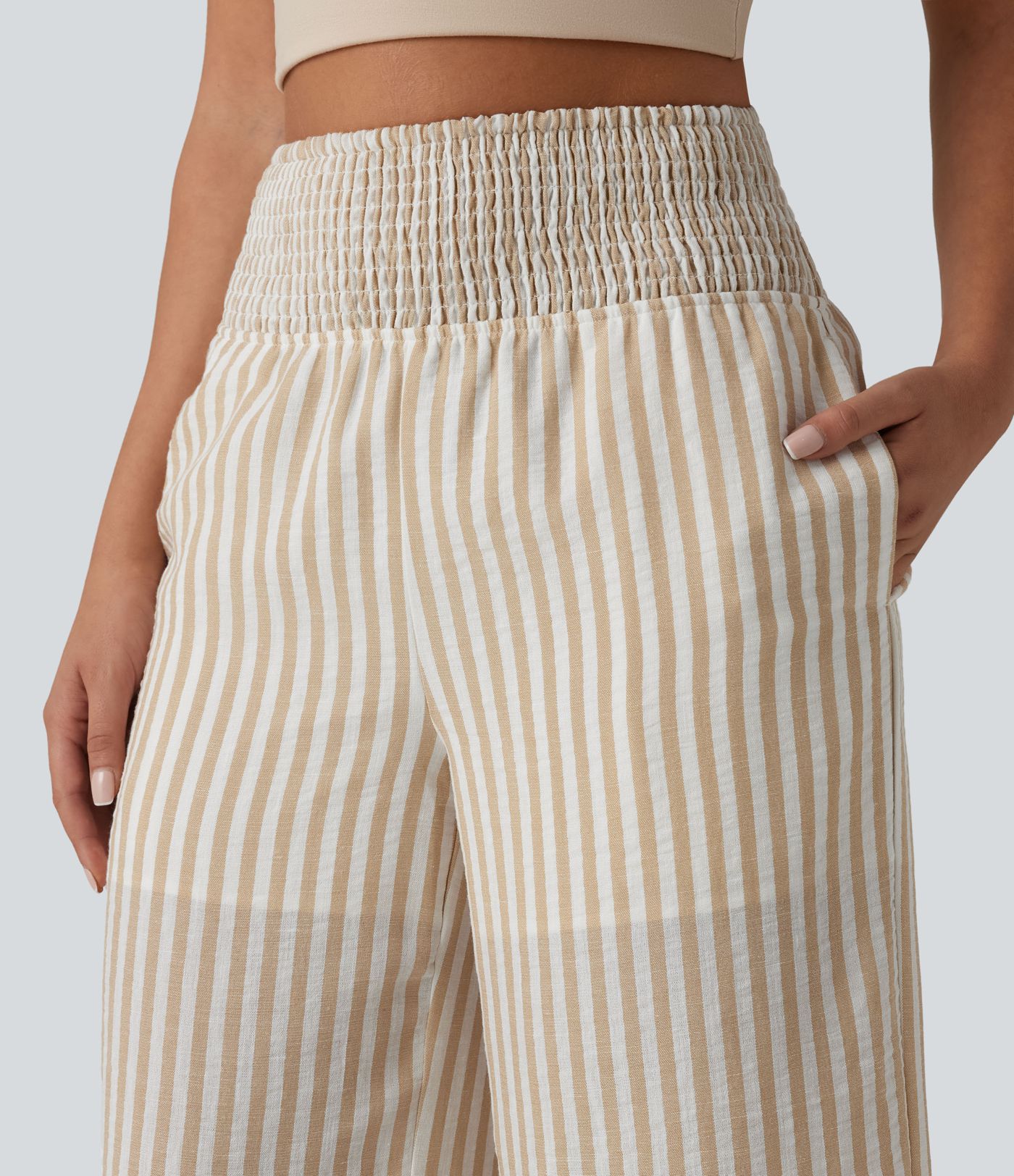 High Waisted Shirred 2-in-1 Straight Leg Stripe Casual Linen-Feel Trousers with Pockets