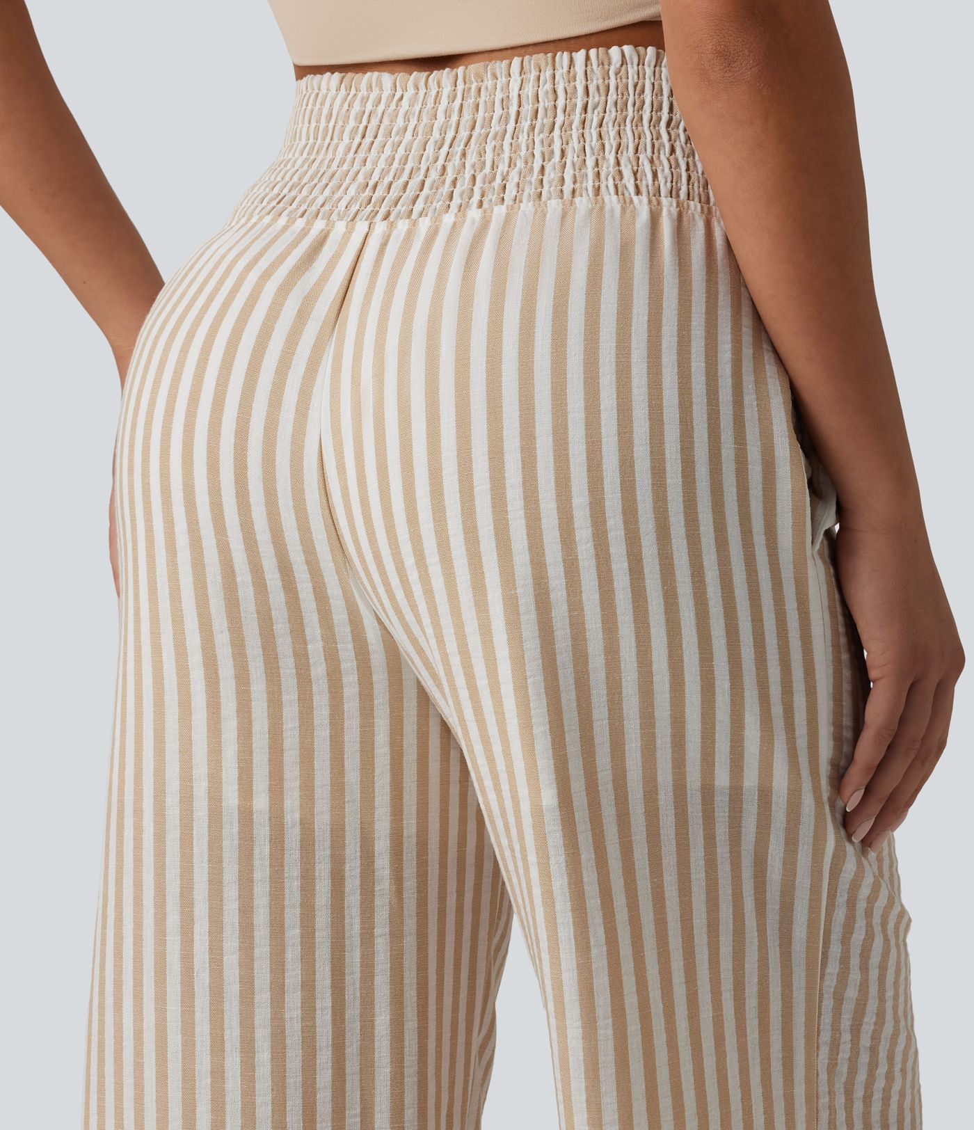 High Waisted Shirred 2-in-1 Straight Leg Stripe Casual Linen-Feel Trousers with Pockets