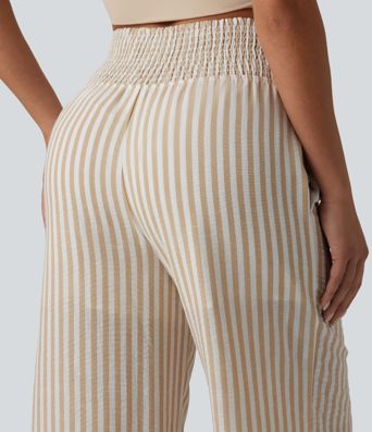 High Waisted Shirred 2-in-1 Straight Leg Stripe Casual Linen-Feel Trousers with Pockets