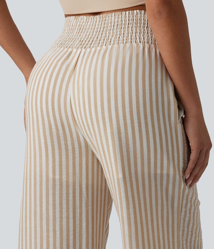 High Waisted Shirred 2-in-1 Straight Leg Stripe Casual Linen-Feel Trousers with Pockets