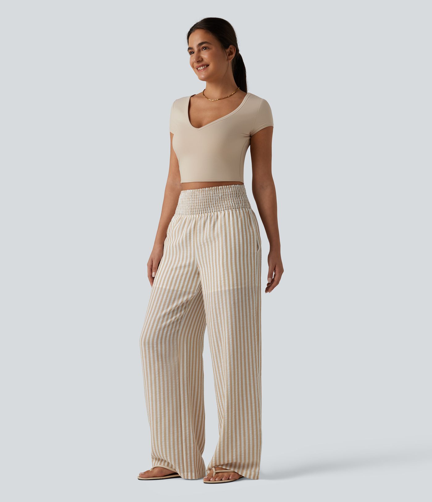High Waisted Shirred 2-in-1 Straight Leg Stripe Casual Linen-Feel Trousers with Pockets