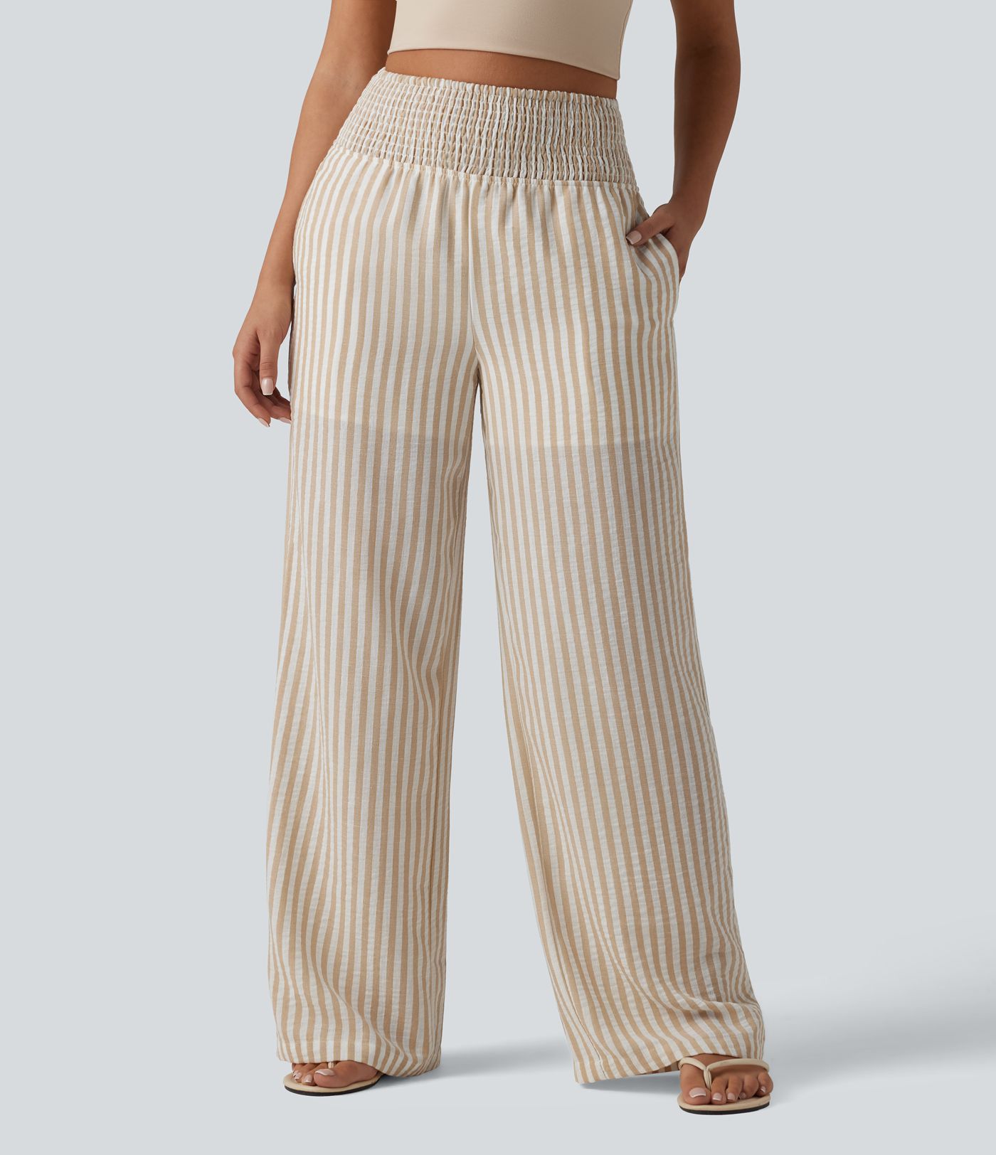 High Waisted Shirred 2-in-1 Straight Leg Stripe Casual Linen-Feel Trousers with Pockets