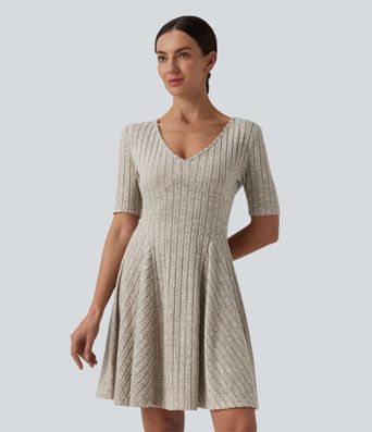 Ribbed Knit V Neck Short Sleeve Flare Mini Casual Dress with Pockets