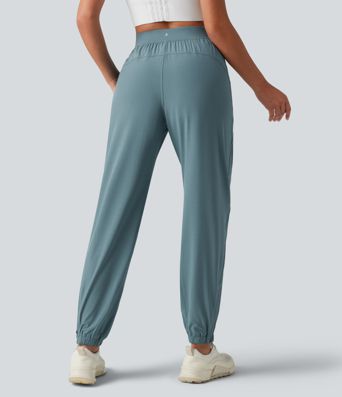 High Waisted Inner Drawstring Eyelet 2-in-1 Zip Hem Quick Dry Running Joggers with Pockets