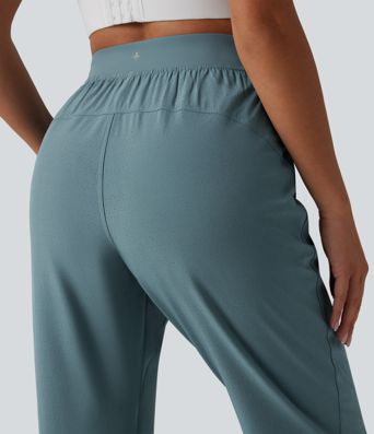 High Waisted Inner Drawstring Eyelet 2-in-1 Zip Hem Quick Dry Running Joggers with Pockets