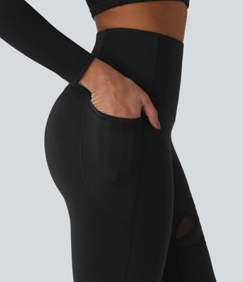 Leggings casual de cintura alta con control del abdomen, malla transpirable, pernera acampanada y bolsillo Leggings casual de cintura alta con control del abdomen, malla transpirable, pernera acampanada y bolsillo