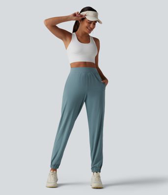 High Waisted Inner Drawstring Eyelet 2-in-1 Zip Hem Quick Dry Running Joggers with Pockets