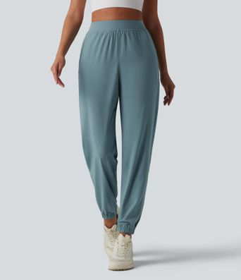 High Waisted Inner Drawstring Eyelet 2-in-1 Zip Hem Quick Dry Running Joggers with Pockets