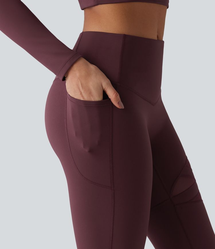 High Waisted Tummy Control Breathable Mesh Flare Casual Leggings with Pocket