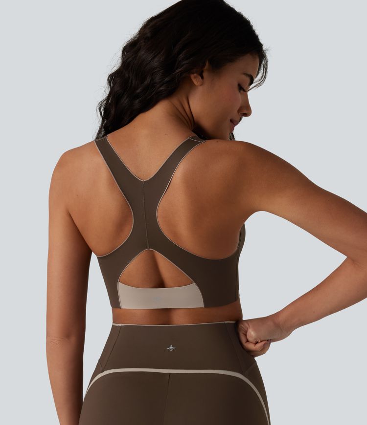 Low Support U Neck Built-in Bra Racerback Color Block Workout Sports Bra
