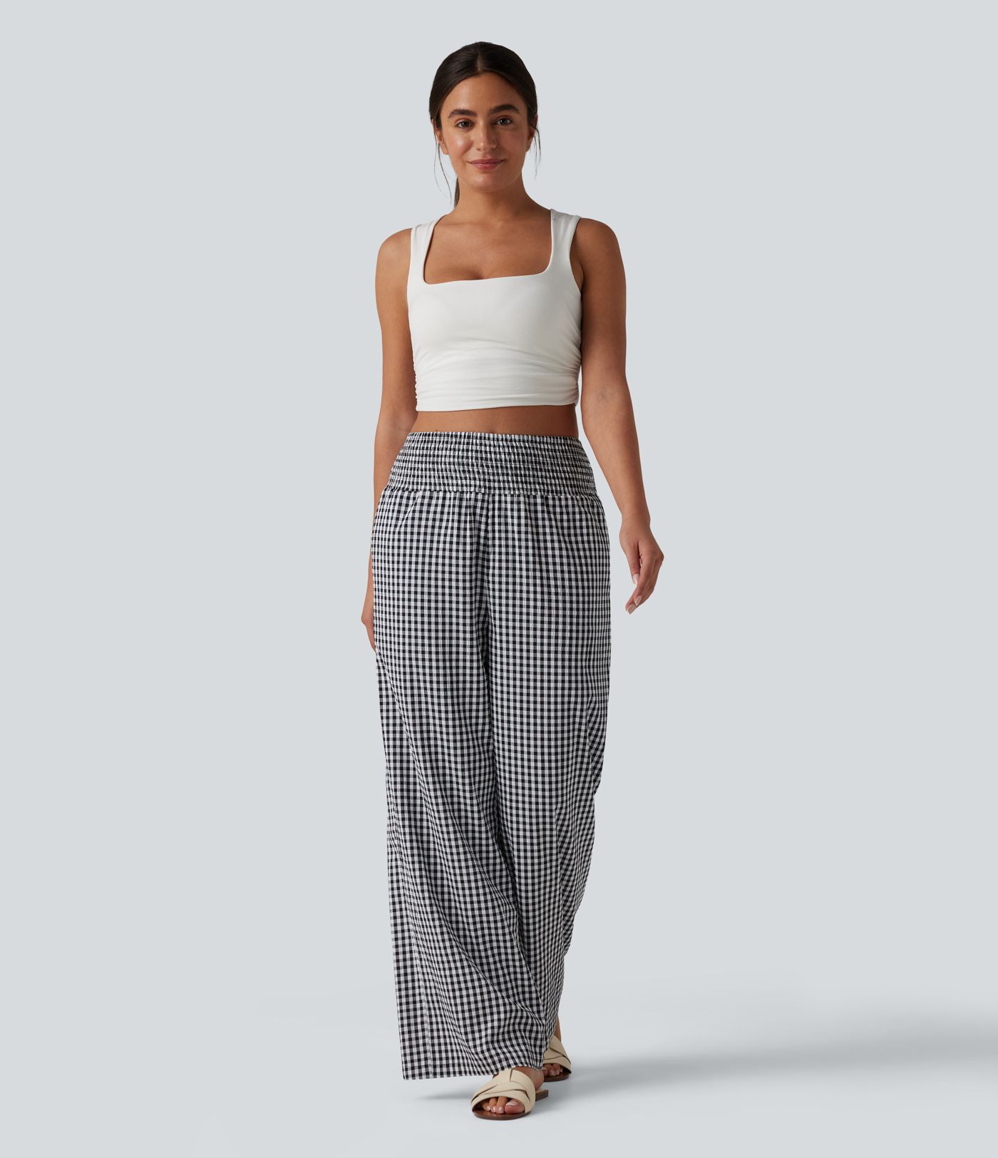 High Waisted Shirred Gingham Casual Baggy Trousers with Pockets