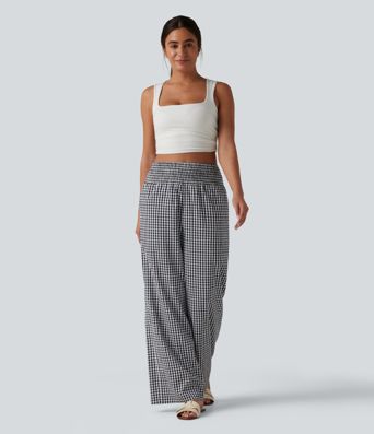 High Waisted Shirred Gingham Casual Baggy Trousers with Pockets