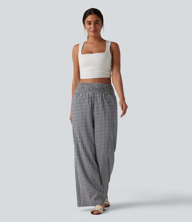 High Waisted Shirred Gingham Casual Baggy Trousers with Pockets