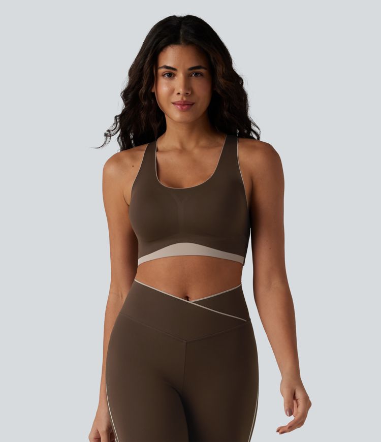 Low Support U Neck Built-in Bra Racerback Color Block Workout Sports Bra