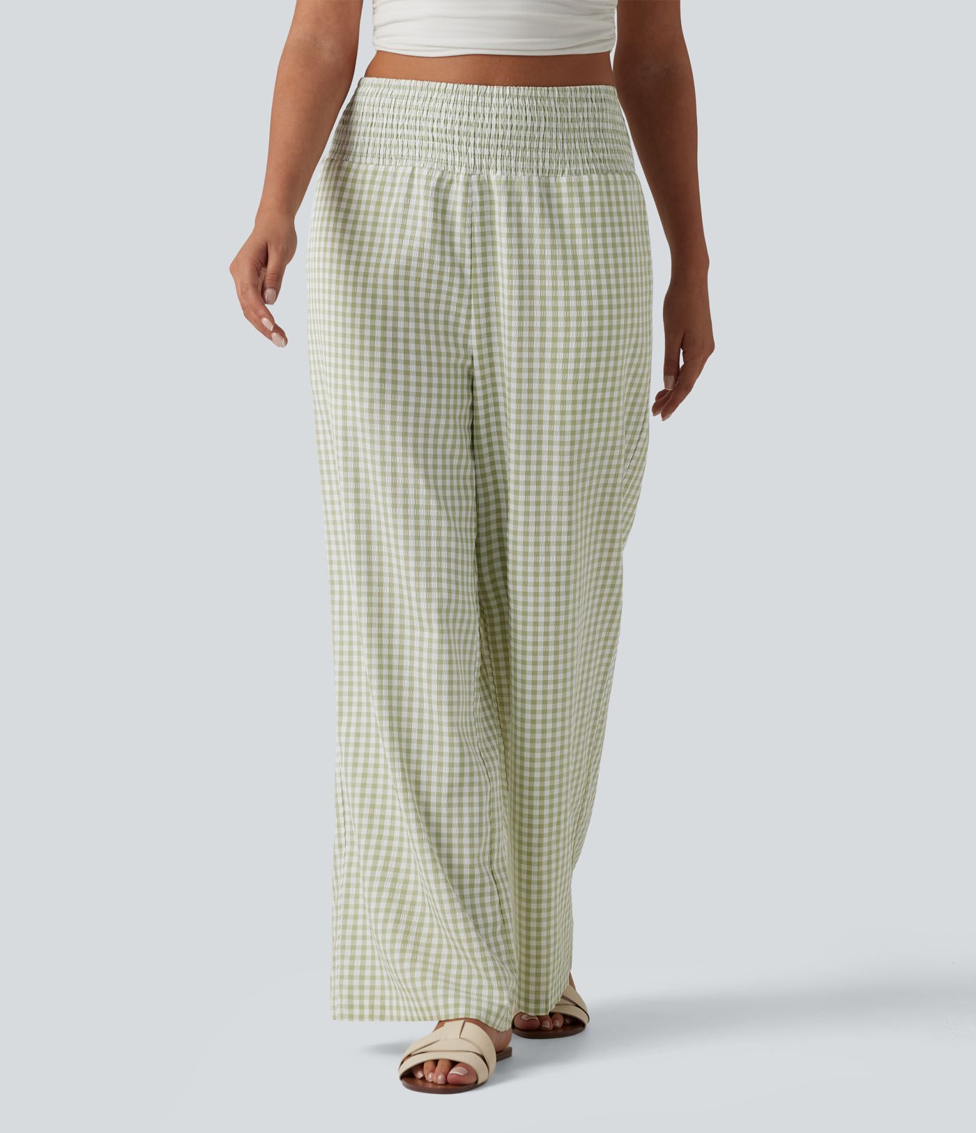 High Waisted Shirred Gingham Casual Baggy Trousers with Pockets