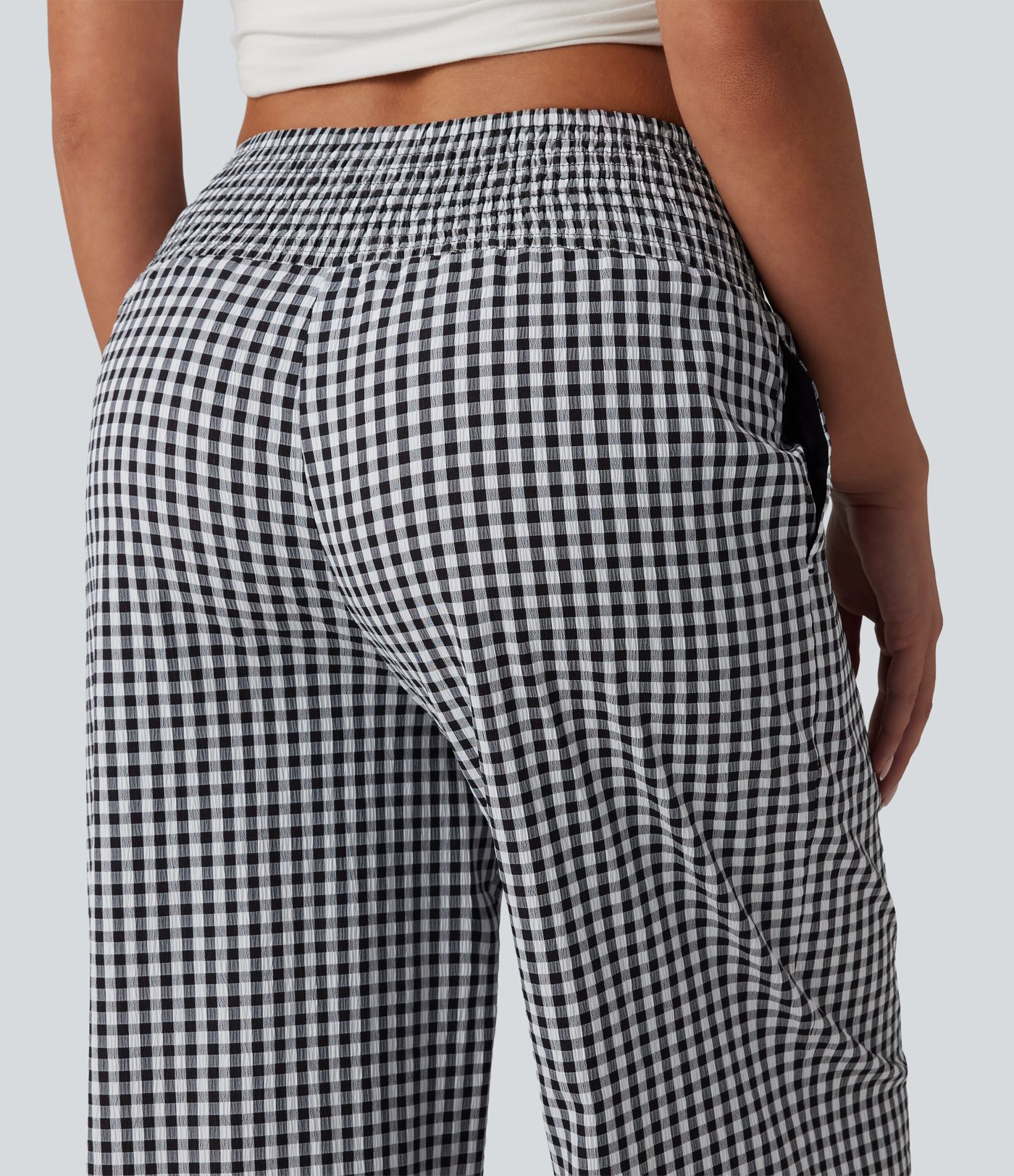 High Waisted Shirred Gingham Casual Baggy Trousers with Pockets