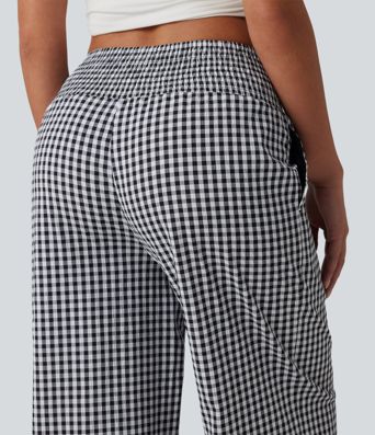 High Waisted Shirred Gingham Casual Baggy Trousers with Pockets
