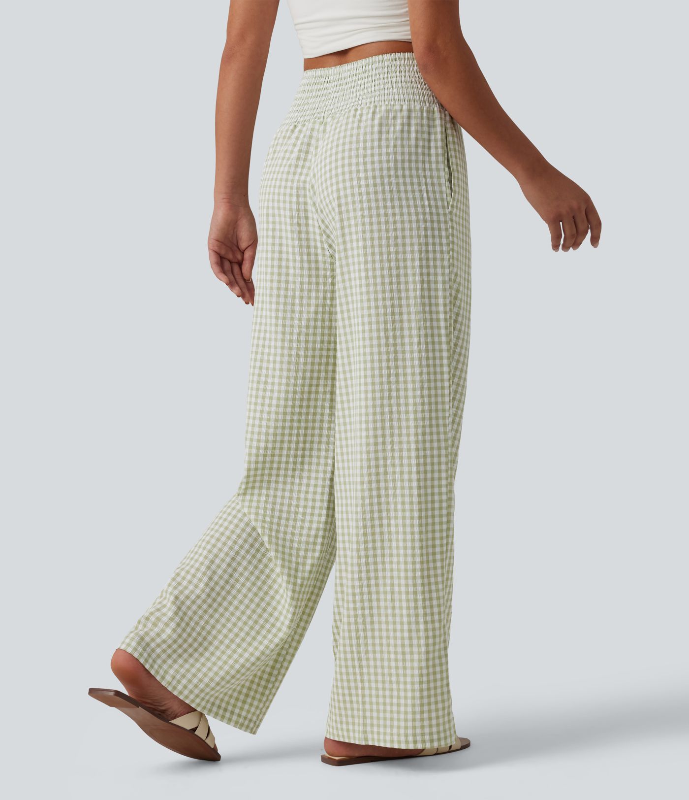 High Waisted Shirred Gingham Casual Baggy Trousers with Pockets