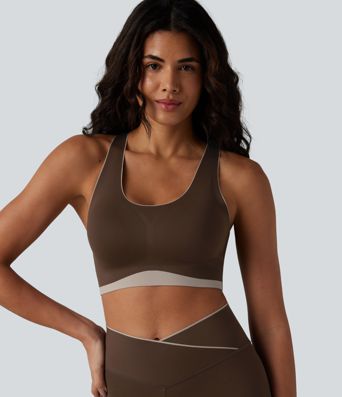 Low Support U Neck Built-in Bra Racerback Color Block Workout Sports Bra