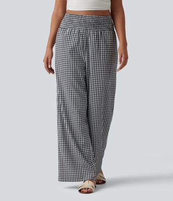 High Waisted Shirred Gingham Casual Baggy Trousers with Pockets