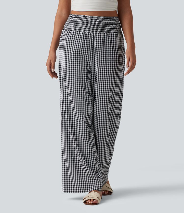 High Waisted Shirred Gingham Casual Baggy Trousers with Pockets