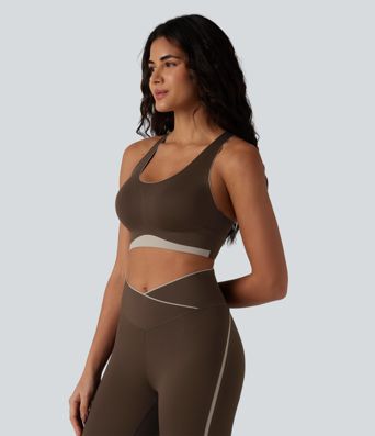 Low Support U Neck Built-in Bra Racerback Color Block Workout Sports Bra