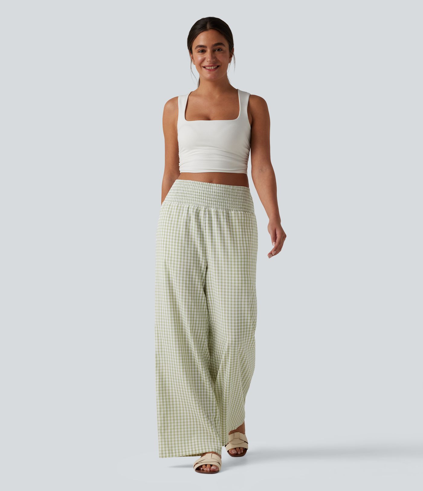 High Waisted Shirred Gingham Casual Baggy Trousers with Pockets