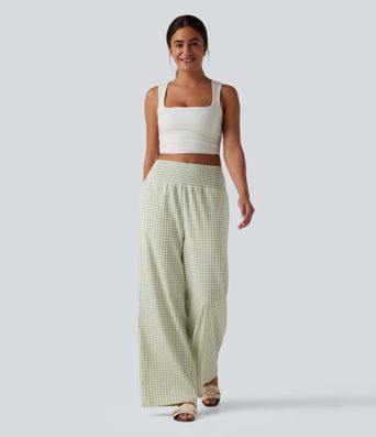 High Waisted Shirred Gingham Casual Baggy Trousers with Pockets
