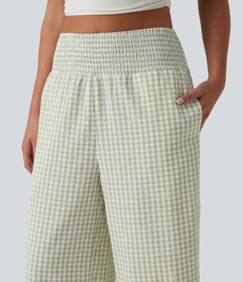 High Waisted Shirred Gingham Casual Baggy Trousers with Pockets