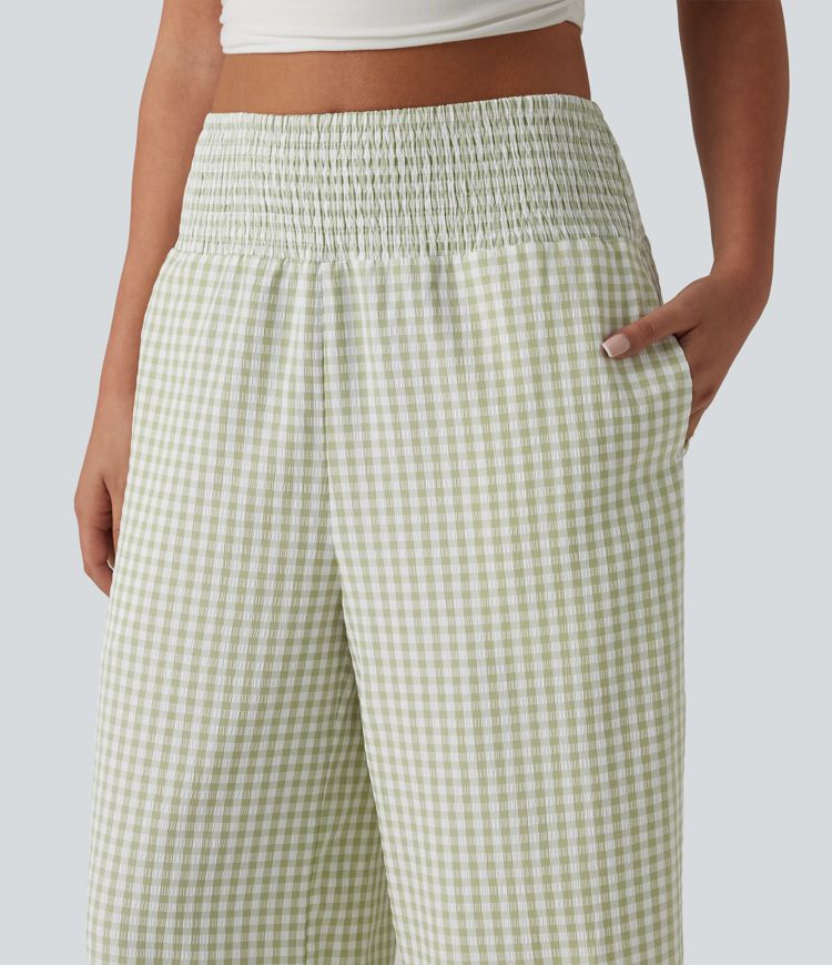 High Waisted Shirred Gingham Casual Baggy Trousers with Pockets