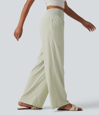 High Waisted Shirred Gingham Casual Baggy Trousers with Pockets