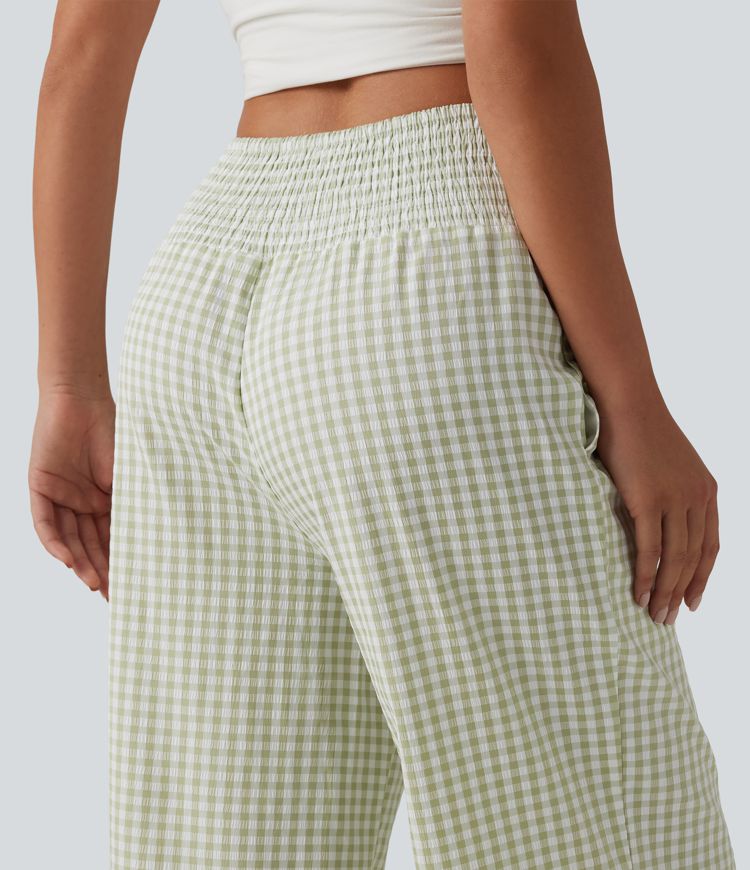 High Waisted Shirred Gingham Casual Baggy Trousers with Pockets