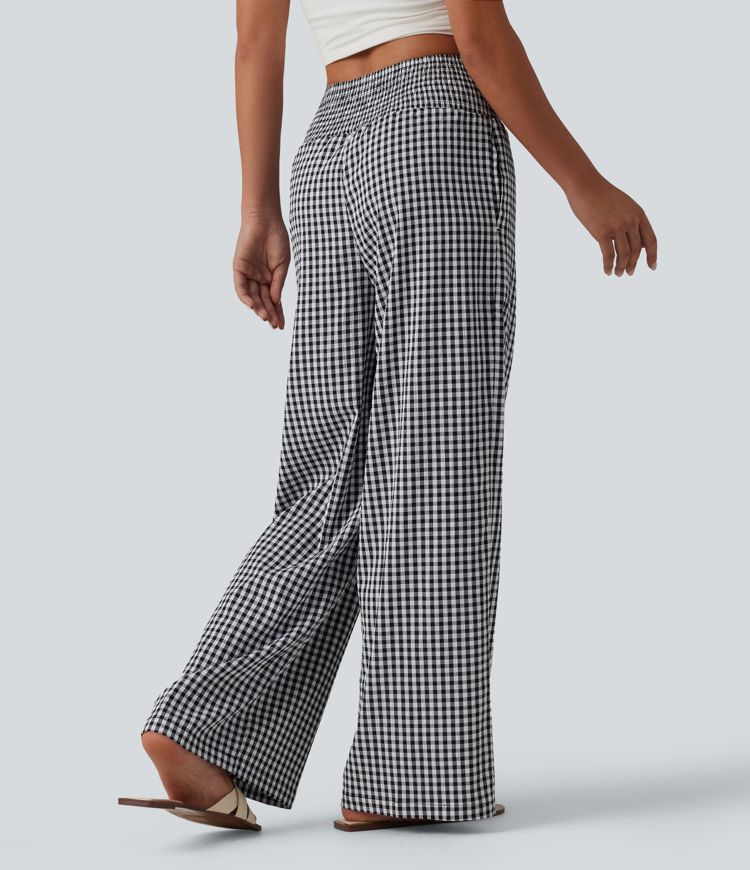 High Waisted Shirred Gingham Casual Baggy Trousers with Pockets