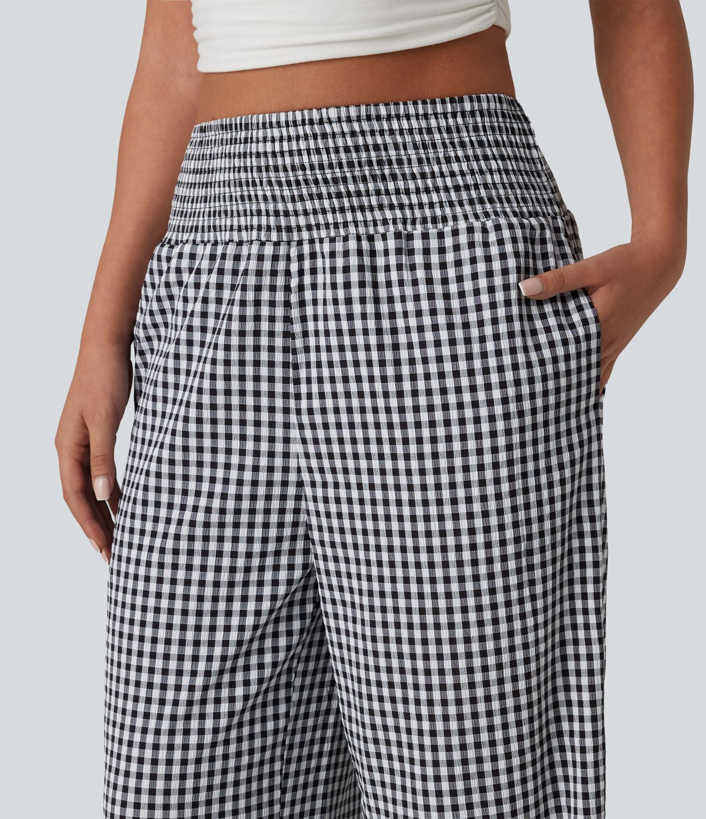 High Waisted Shirred Gingham Casual Baggy Trousers with Pockets