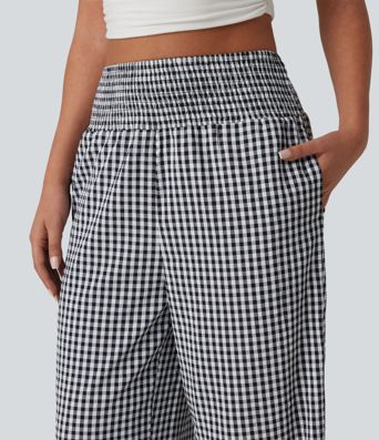 High Waisted Shirred Gingham Casual Baggy Trousers with Pockets