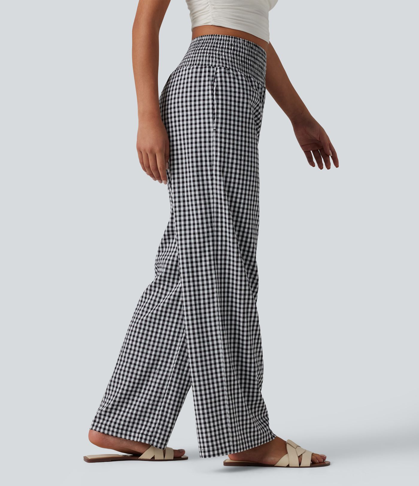 High Waisted Shirred Gingham Casual Baggy Trousers with Pockets