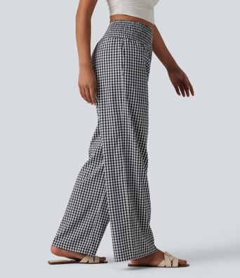High Waisted Shirred Gingham Casual Baggy Trousers with Pockets