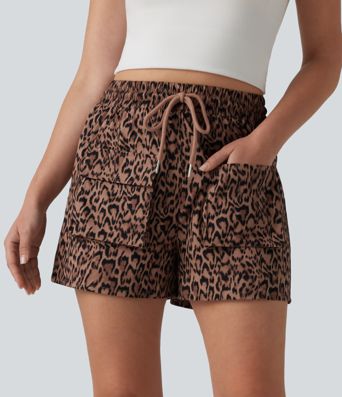 Short cargo ample taille haute imprimé léopard avec cordon de serrage et poches