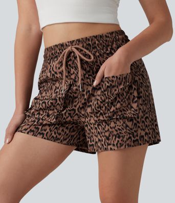 Short cargo ample taille haute imprimé léopard avec cordon de serrage et poches
