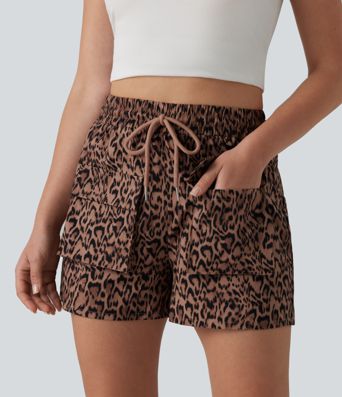Short cargo ample taille haute imprimé léopard avec cordon de serrage et poches