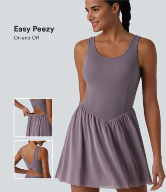 SoftlyZero™ Crisscross Backless Contrast Mesh 2-in-1 Built-in Bra Flowy Mini Tennis Active Dress with Pockets-Easy Peezy