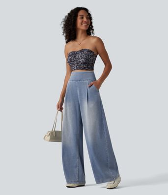 Halara Flex™ High Waisted Wide Leg Washed Casual Jeans with Pockets