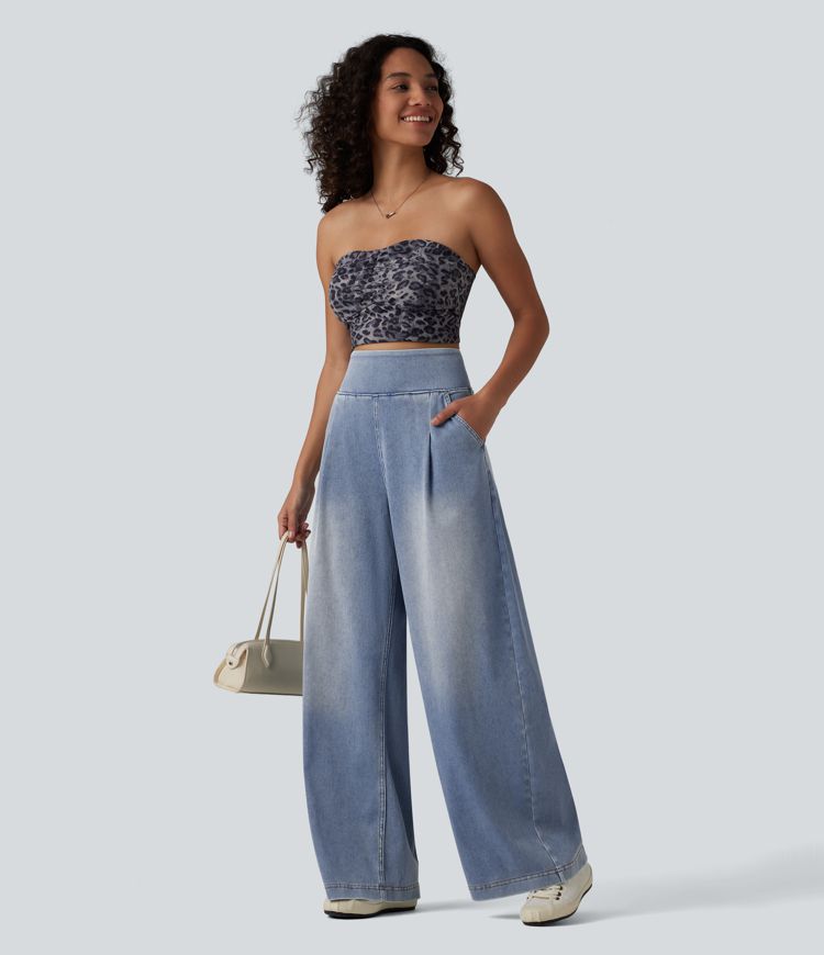Halara Flex™ High Waisted Wide Leg Washed Casual Jeans with Pockets