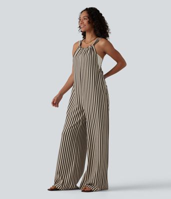 Tie-back Stripes Casual Baggy Overalls with Pockets