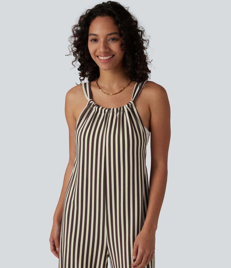 Tie-back Stripes Casual Baggy Overalls with Pockets